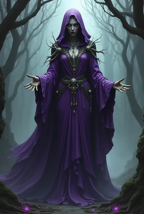 A witch wearing purple robes and bony ornaments 