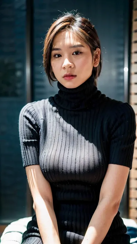 Masterpiece, best quality, ultra high resolution, hyper realistic, realistic, (photorealistic:1.4), masterpiece of analog film photograph a girl, taken by Hideaki Hamada using Pentax 67II and Kodak Portra, (she is wearing black ribbed turtleneck sweater:1....