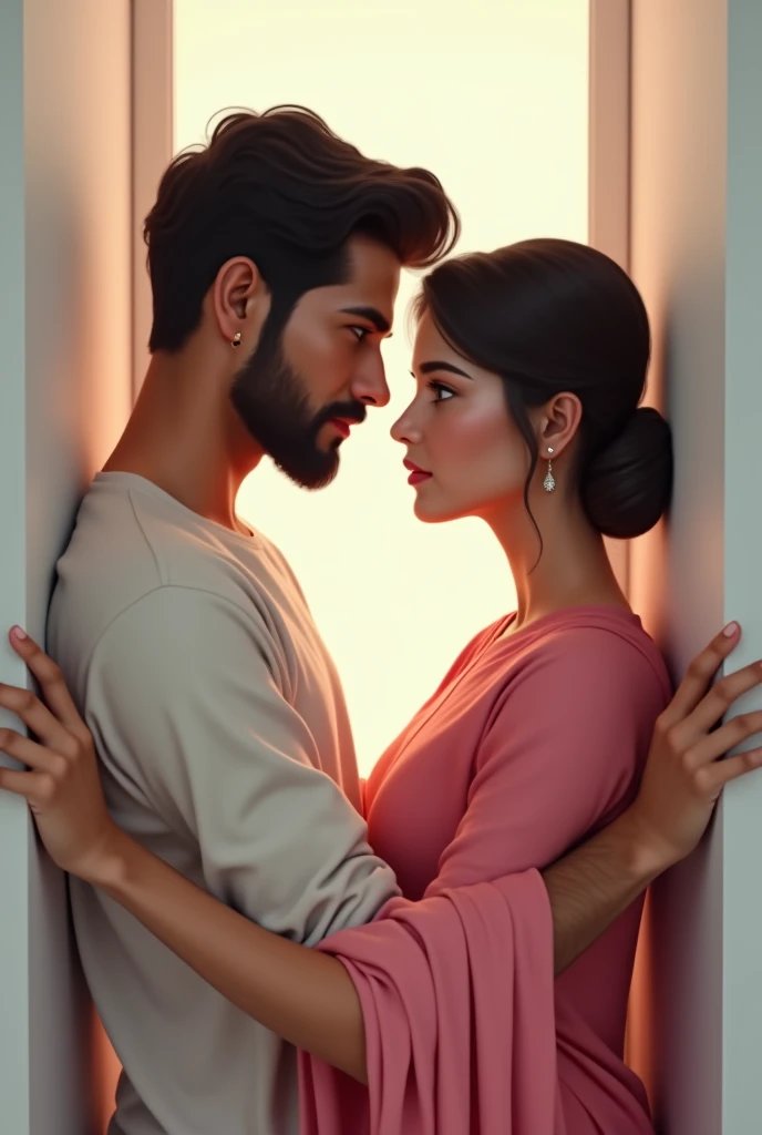 A handsome white skin tone light black beard young man he is shirtless he placed his both palms on the wall on either side of a beautiful white skin tone young lady,hazal colour eyes,wear pink kurti,bindi,hairbun, she is little scared,Both are looking at e...