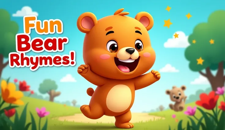 "Create a vibrant and engaging thumbnail for a childrens cartoon video featuring a friendly bear character. The bear should be depicted in a playful and joyful pose, perhaps dancing or singing. Use bright, cheerful colors and a fun background, like a fores...