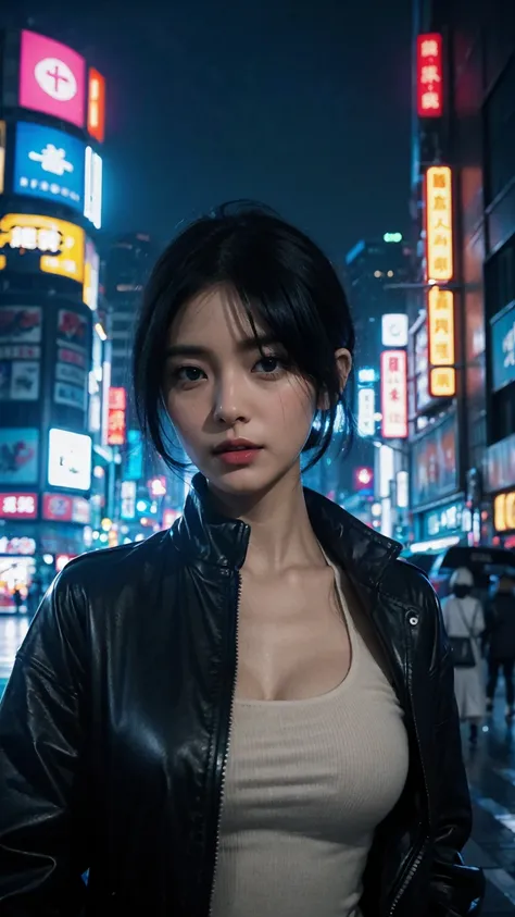 cyberpunk、neon town、woman、black hair、short hair、sexy clothes、beautiful face、sharp features、beauty、30代の大人のwoman、night、rain、near f...