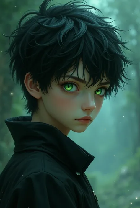 A boy ,black hair, jade cat eyes 