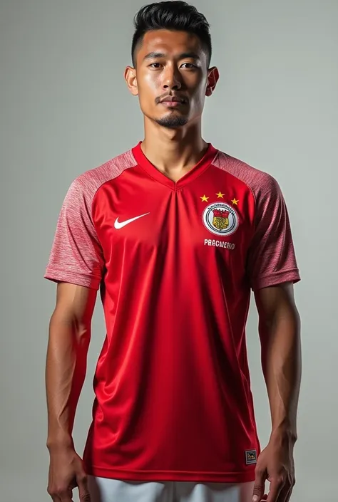 A 30 year old man weighing 65 kg standing straight wearing the Indonesian national football team jersey