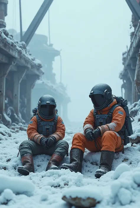 two guys are sitting on the wreckage of a station in Antarctica, in special equipment 