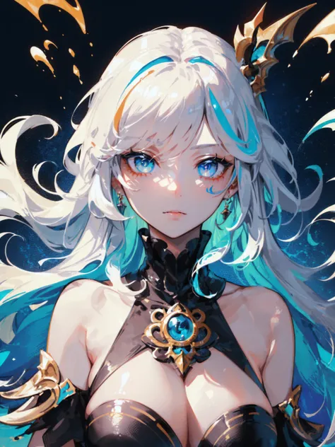 (((masterpiece))),(((best quality))),((ultra-detailed)),(illustration),(dynamic angle), ((floating)),(paint),((disheveled hair)), (solo),(1girl), ((perfect_breasts)), (((detailed anima face))),((beautiful detailed face)),collar,bare shoulders,  white hair,...