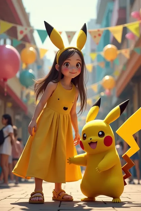 20 year age girl wearing Pikachu dress and celebrate Pikachu happy birthday cartoon character in come in real life, Pikachu looking like exactly in movie, 