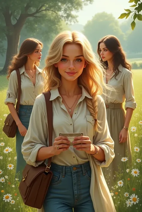 A 4 woman, she has blond hair, eyes browns. He is wearing normal clothes and is smiling at someone., next to her is a bag and in her hands a postcard. fantasy book cover. 