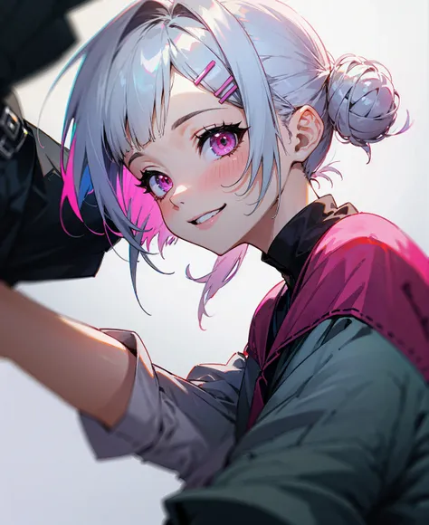 ３With people、Short silver bob hair tied in a bun with a hair clip、Pink Eyes、smile、From the side、wear a rider&#39;jacket、Colors based on red and green