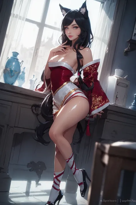 (Masterpiece, top quality: 1.2), exquisite details, IncrsAhri, 1 girl, animal ears, solo, bare shoulders, hanbok, skirt, (long hair: 1.6), pigtails, medium big breasts, legs wearing white mid-calf socks, black Shoes, ((perfect hands)), ((perfect five finge...