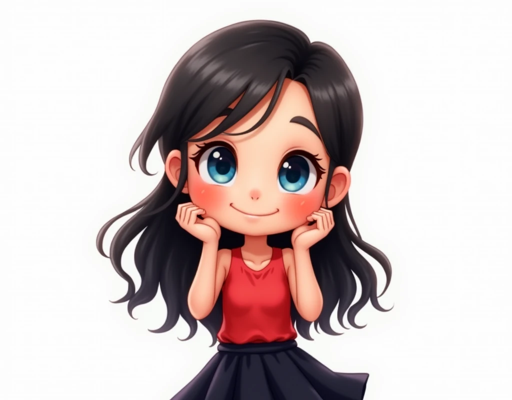 Create an illustration of a cute cartoon girl with big blue eyes, long flowing black hair, wearing a red sleeveless top and a black flared skirt. She should have a cheerful expression, with a slightly tilted head and her hands raised slightly as if she is ...