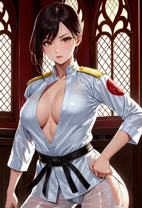 A sexy female martial artist is wearing a splendid martial art uniform, ready to eliminate evil spirits. scantly scad, tranparant uniform, perfect body, sexy ass, random pose sexy, shining , gloomig