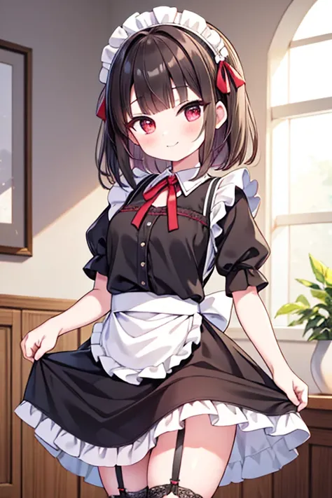 masterpiece, Highest quality, High resolution, 1 and later, fujiwara chika, maid dress, chest, Red ribbon, Blunt bangs, large chest, Cowboy Shot, smile, indoor, Sexy pose, chestが出ている, maid, maid服, black maid dress, about, maid about, mini skirt, Garter Str...