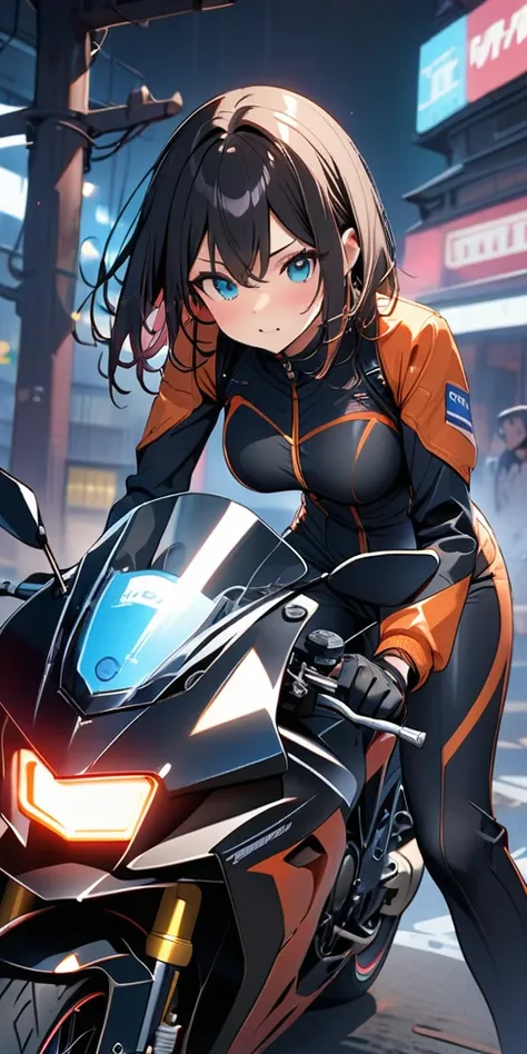 High quality, high definition images, full HD,
 8k、(A woman in a black riding suit ), many mechanisms are visible,Many blue lights on the exterior,Riding a modern bike,red and white modern motorbike ,blue light on the exterior,
