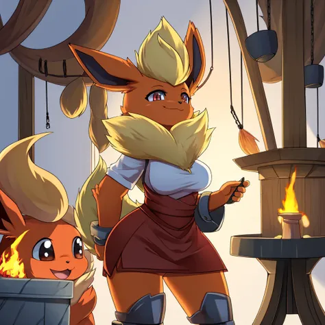 Pokemon, female flareon, ,Furry,. . Standing，Expression smile，，Pure white background，Blacksmith