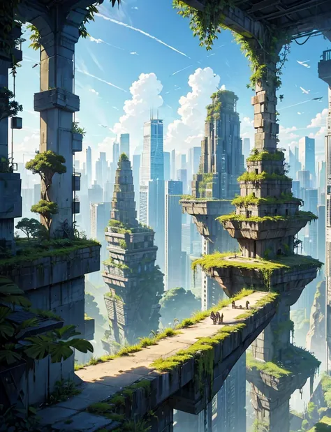 scenery，stunning landscape, The Cretaceous primeval forest blends with the modern reinforced concrete city，The city has been taken over by primitive ferns，Which is taller, an ancient plant or a skyscraper?，The atmosphere is depressing and desperate，there i...