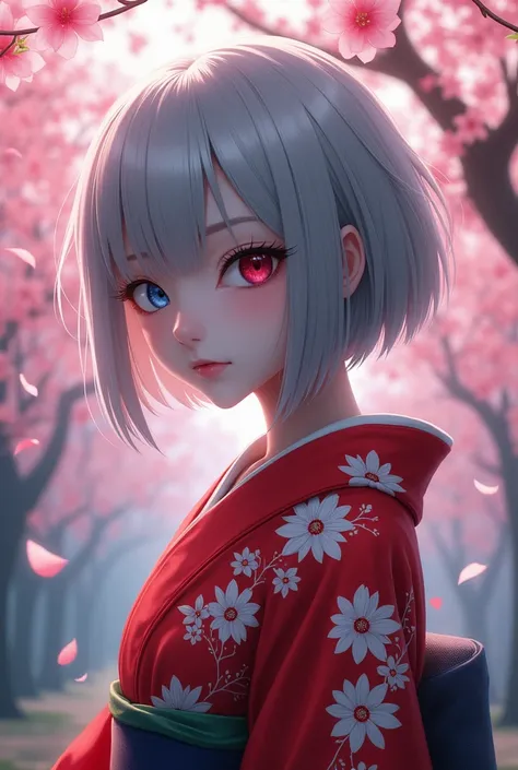 woman。Gray Hair。Bob。Odd Eye。Right eye is red。Left eye is blue。cherry blossoms柄のピンクの着物。whole body。cherry blossoms。