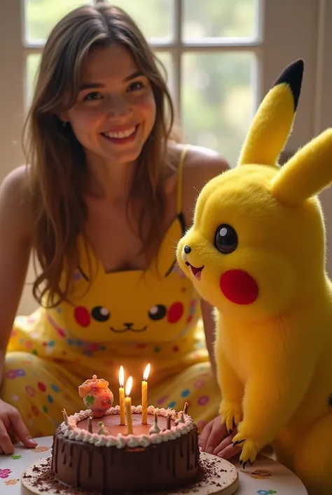 20 year big college girl wearing Pikachu dress, girl celebrate and wish happy birthday to Pikachu cartoon character come in real life, Pikachu looking like exactly in movie, girl and Pikachu eat chocolate cake 