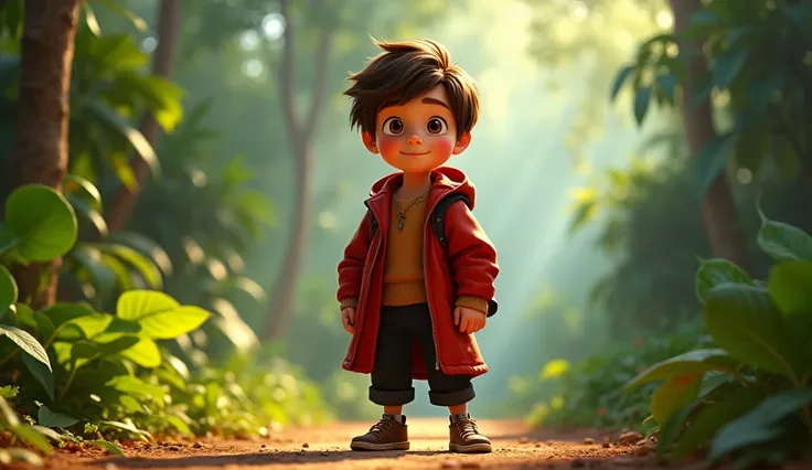 Lucas, A Disney Pixar movie with brown hair, in black pants and a red coat who lived in a small village on the edge of the Amazon rainforest.