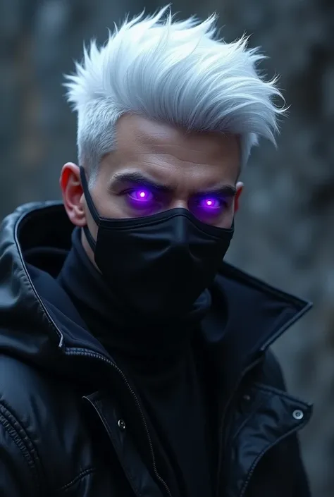 White hair chest purple highlights in the eye black mask man 