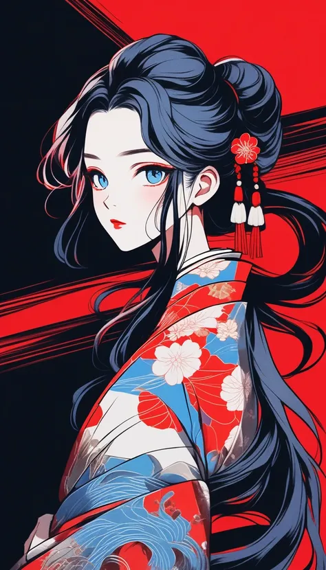 (Highest quality, sketch:1.2),Realistic,Illustrator,anime,1 man with long hair and blue eyes, Detailed lips, kimono,custom, Black and red gradient background,Neon Hair,Textured Cropping, masterpiece, Retro Classic Style, Black Style , Japan style 