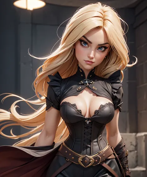 fine art digital painting, (soft brush strokes:1.5), 1girl, woman, A dark, female adventurer for D&D.  She wears an elegant dark outfit and has a hauntingly beautiful form and a beautiful face.  Blonde hair in a sultry style.  Her hair style is attractive ...