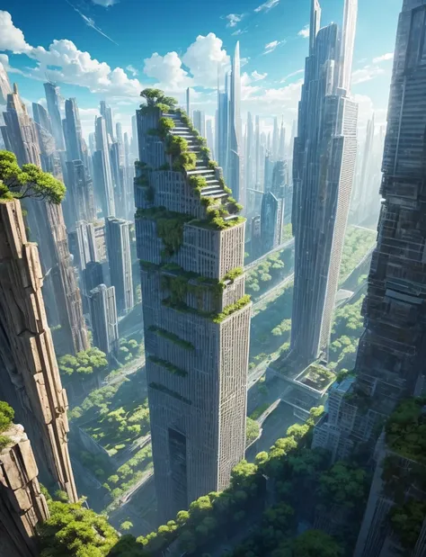 scenery，stunning landscape, The Cretaceous primeval forest blends with the modern reinforced concrete city，The city has been taken over by primitive ferns，Which is taller, an ancient plant or a skyscraper?，It&#39;s dark，The fiery sunset，The atmosphere is d...