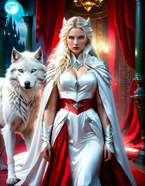 fantasy art, RPG art, ultra wide shot, RAW, photorealistic, a picture of woman and her (white: 1.4) wolf pet, the woman,  an exquisite beautiful human woman, long blond hair, braided hair, green eyes, wearing elegant silk dress, intricate dress,  wearing (...