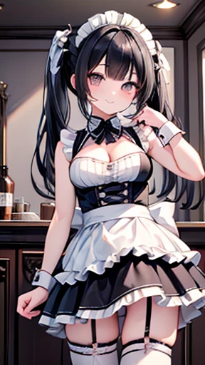 (masterpiece、Highest quality、Very detailed))、One Girl、Black Hair、Medium Hair、Twin tails、Gray Eyes、smile、Large Breasts、Cleavage、White collar、((maid))、((Sleeveless mini skirt))、Garter Straps、Cowboy Shot、Cafe Background