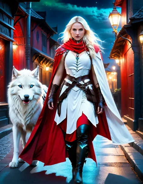 fantasy art, rpg art, ultra wide shot, raw, photorealistic, a picture of female human ranger and her (white: 1.4) wolf pet, the ...