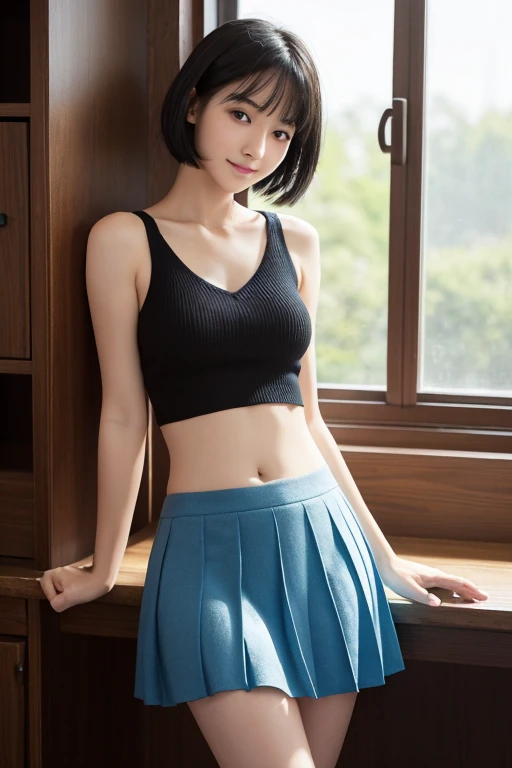 One Girl,summer,Inside the room,Black Hair,short hair,Dark blue knitted tank top with a V-neck,The knit is coarse and large.、Pleated Skirt,smile,6th grade elementary school,Innocent,front,delicate,Look at this,transparent, Soft Light,(masterpiece, Highest ...