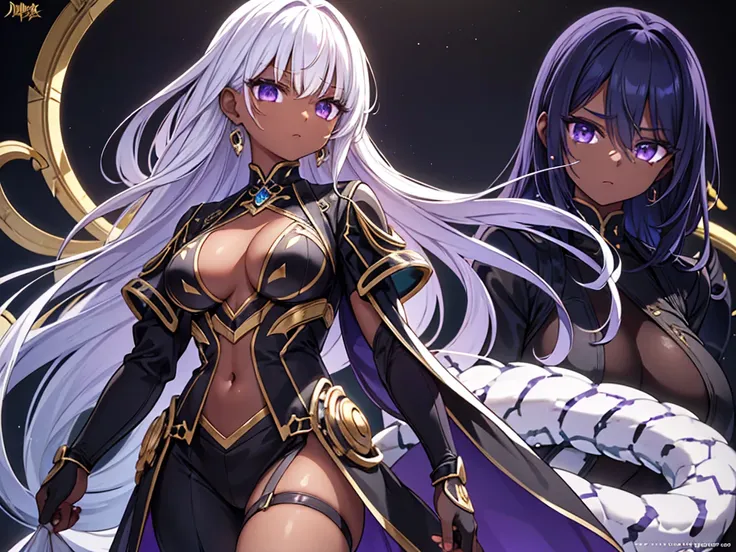 A  with pure white straight hair, Dark Skin, Latin ancestors, Purple Iris, Wearing a black tactical suit with gold thread、She wears gold earrings in the shape of snakes. Detailed eyes, Detailed face, Complex grunge costumes, Cinematic Lighting, Realistic c...