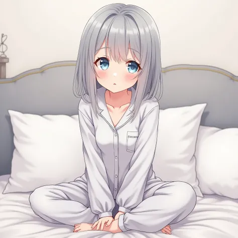 Anime Characters、Gray Hair、Light blue eyes、I&#39;m wearing pajamas、I&#39;m sitting on bed