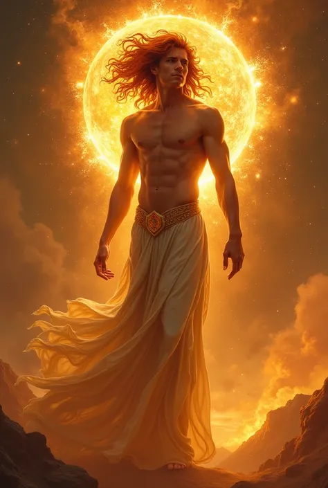 A solar deity, man with a very thin waist (with curve) and have dark copper hair 