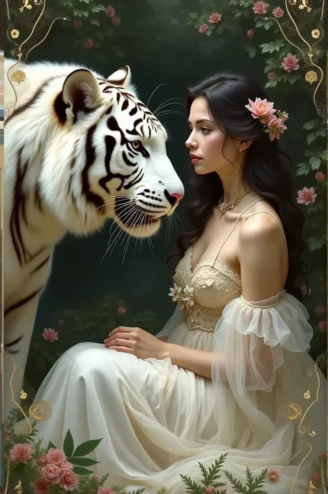 Beautiful young Italian woman with a white tiger 