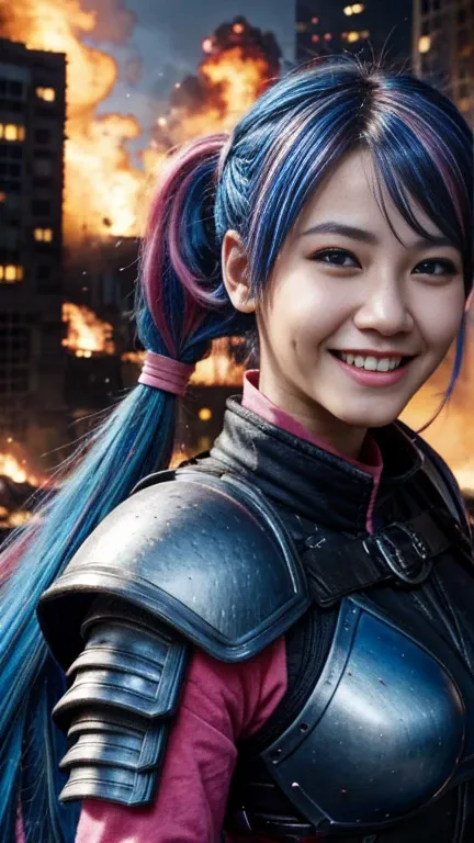 best quality, 4k, masterpiece, extremely detailed, High Detail, 1girl, solo, peri, blue hair, hair over one eye, multicolored hair, twintails, pink hair, red eyes, two-tone hair, armor, smile, Burning city background