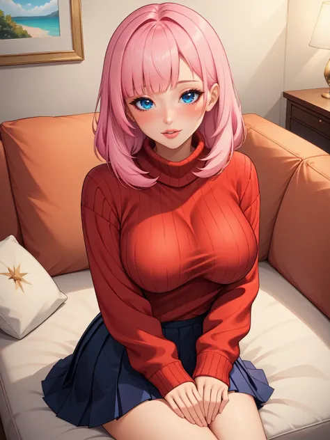 medium firm breasts, busty beautiful ((1cute and beautiful girl, blue eyes)), ((multicolored bob pink hair with bangs)) extremely sexy body, (red strapless sweater with pleated skirt)), ((sweater)), parted lips, blush, (looking at viewer), in beautiful rom...