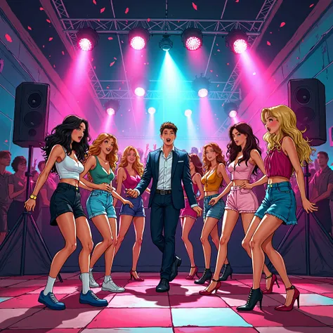 Depict characters in a comic book style, with exaggerated expressions and movements. Show them in a whimsical, animated version of a high school dance, deejay on stage, disco lights and big speakers, the girls are dressing in skirts and sexy clothes, the b...