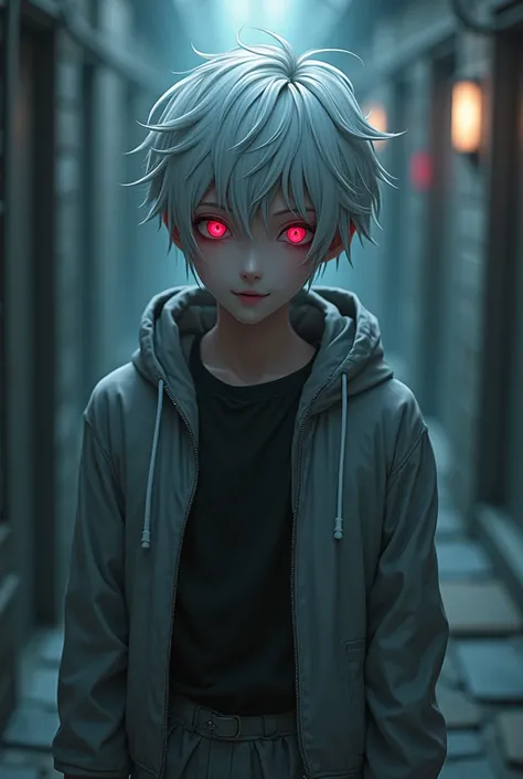 A detailed anime character, 1 man, white hair, red eyes, gray jacket, long pants, teenager, creepy smile, highly detailed, realistic, photorealistic, 8k, dramatic lighting, cinematic composition, intricate details, piercing red eyes, intense gaze, sharp fa...