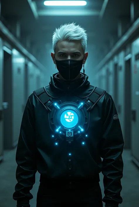 Man with short white hair and blue lights coming out of his chest and a black mask and earring in his ear 