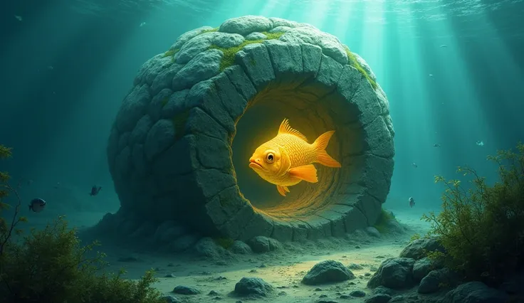 A golden fish hide in a big stone in ocean 