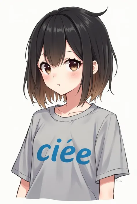 create a drawing style drawing I would like to create a beautiful one with brown hair, half black and with straight shoulder length hair,  with dark brown eyes height 1,60 and brown and with the t-shirt with the blue CIEE logo