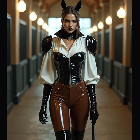 Femme, habit équitation, chemisier latex blanc, larges épaulettes latex blanc, corset latex noir, pantalon large équitation latex marron foncé, collier très large bandeau latex marron, bottes cuissades équitation latex noir, talons aiguilles, cravache main...