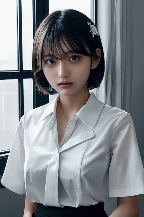 short hair, Straight Hair, Partial hair dye, Black and white uniform, Best, White shirt, hair accessory, Hand on chest gesture, See others, Smooth Skin, Indoor environment, Dim lighting, Light from the window, School-like atmosphere, Close-up shot, Balance...