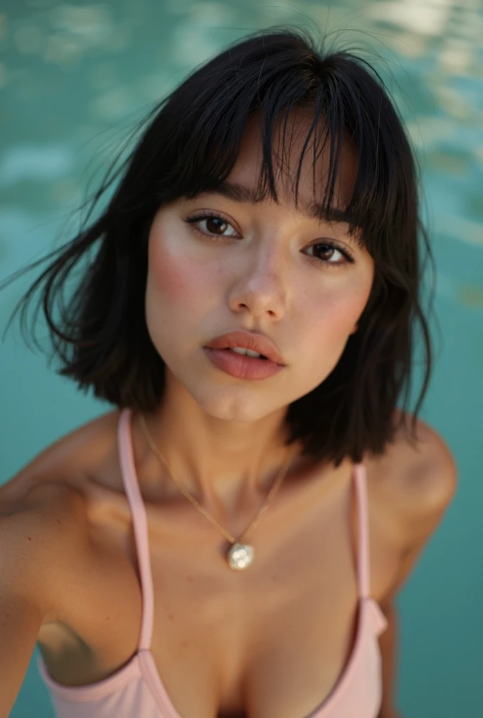 Crée une nouvelle femme à partir de cette image elle a 20 ans elle a des origine hispanique et aussi chinois elle a la peau foncé est belle naturelle est naturel  Elle a une coupe de cheveux carré ses cheveux s’arrête au niveaux de sa mâchoire avec une fra...