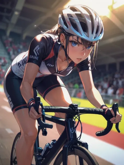  masterpiece, (textured skin), best quality, gorgeous beautiful girl, (a female cycling athlete), detailed clothes,large breasts,narrow waist,, (beautiful face), cinematic lighting, (at cycling venue ),