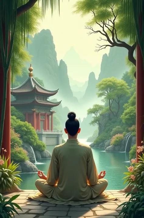 a chinese guy meditating in greenery around some chinese temples 
