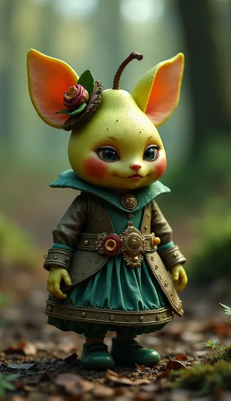 a small humanoid pear, alice in wonderland, wearing intricate clothes, mysterious, surreal forest, (best quality,4k,8k,highres,masterpiece:1.2),ultra-detailed,(realistic,photorealistic,photo-realistic:1.37),hyperrealistic, cinematic lighting, intricate det...