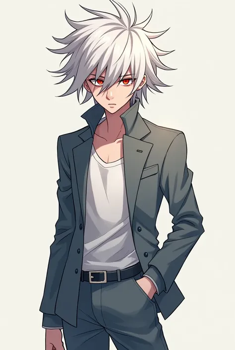 make me an anime character.. a man with white hair and red eyes wearing a gray jacket and long pants. he is a teenager. he have sharp eyes 
