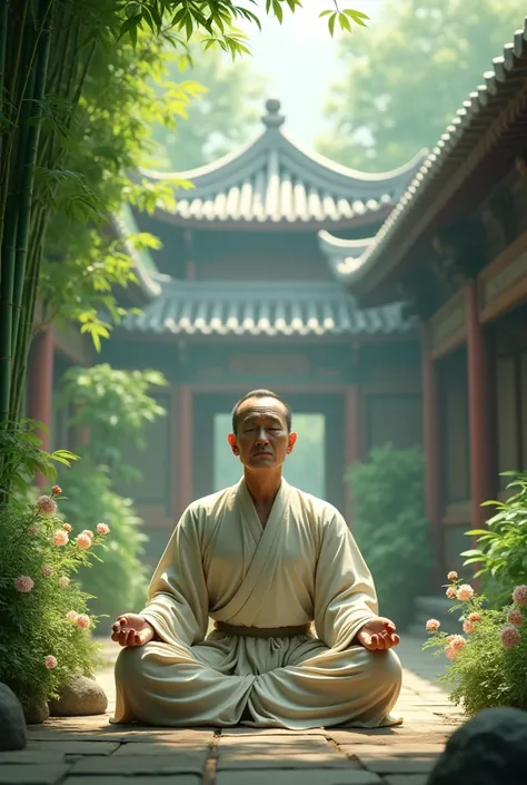 a chinese guy meditating in greenery around some chinese temples he is facing to us 
