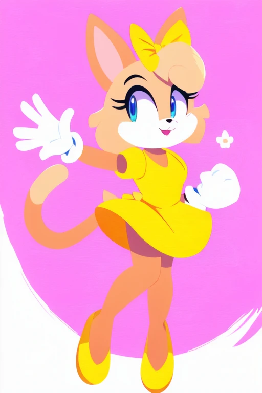 drawing of a cat with a yellow shirt and a yellow bow, full color drawing, animation character, cartoon drawing, anthropomorphic rabbit, lola bunny fanart, character is in her natural pose, childrens book drawing, based on childs drawing, absurdist wiggly ...